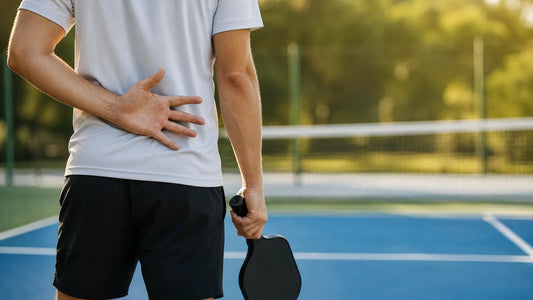 Jugador de pickleball haciendo una señal de mano detrás de la espalda antes del resto en dobles
