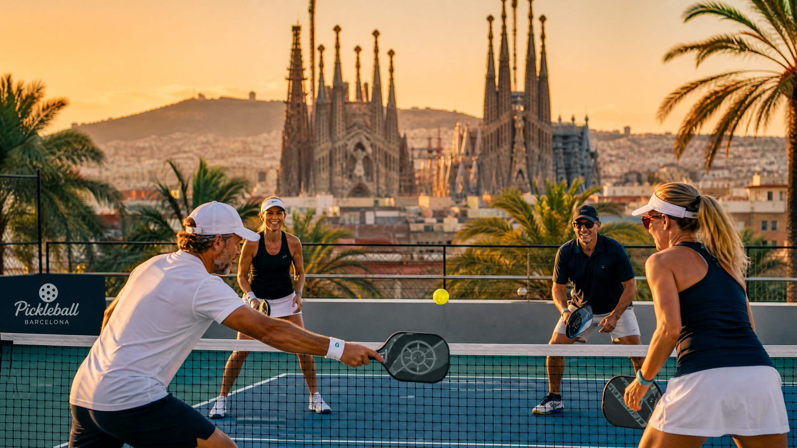 Barcelona Pickleball Experience hero - player with Sagrada Familia