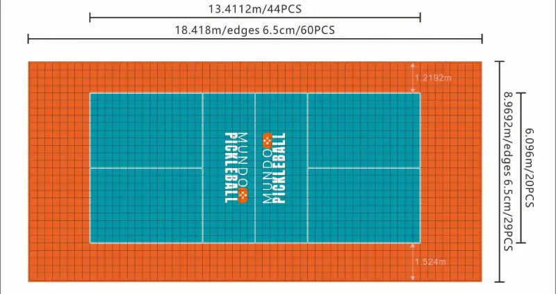 Plano con medidas oficiales de una pista de pickleball portátil