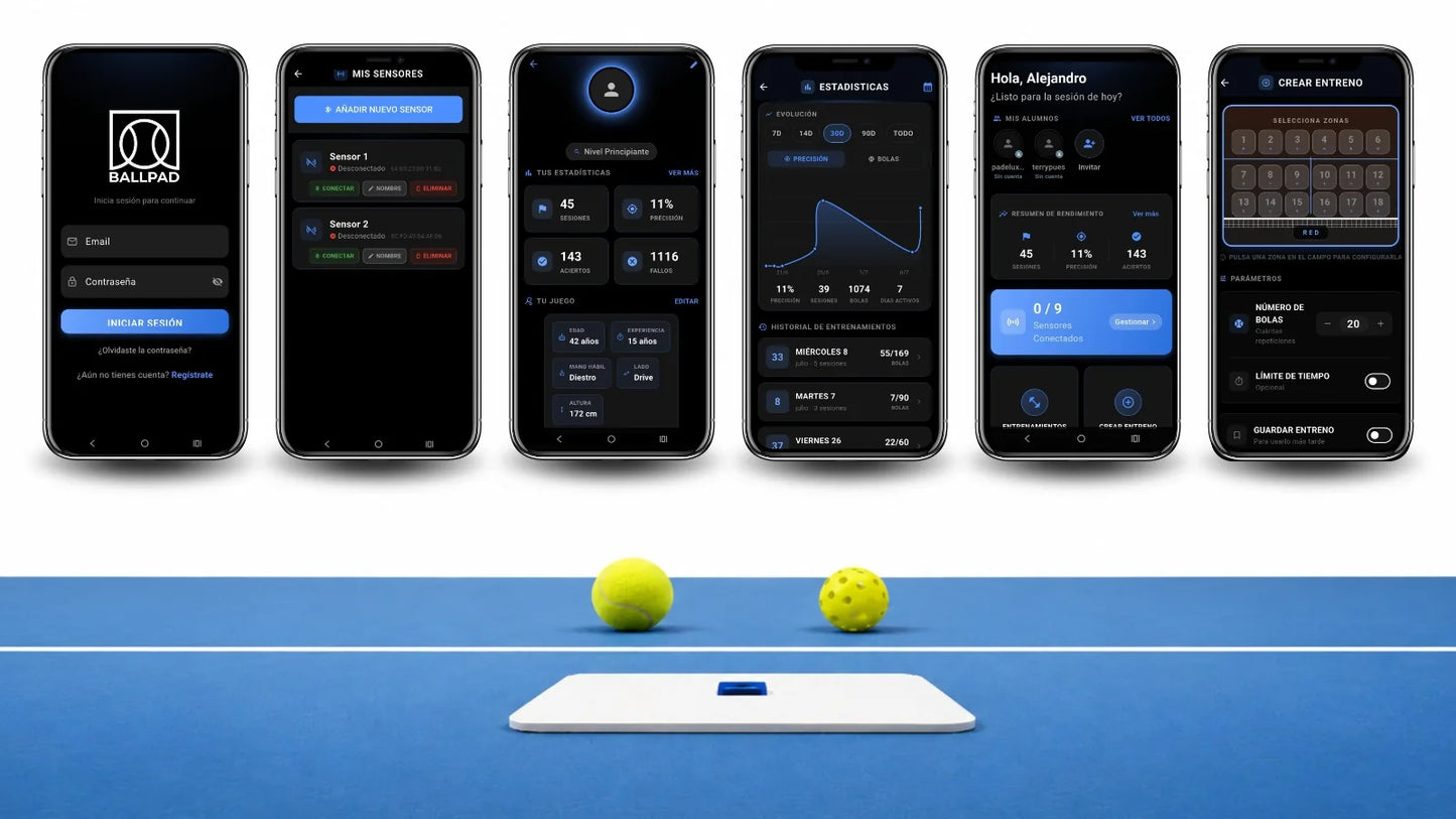 App BALLPAD con estadísticas de sesiones, aciertos, fallos y precisión