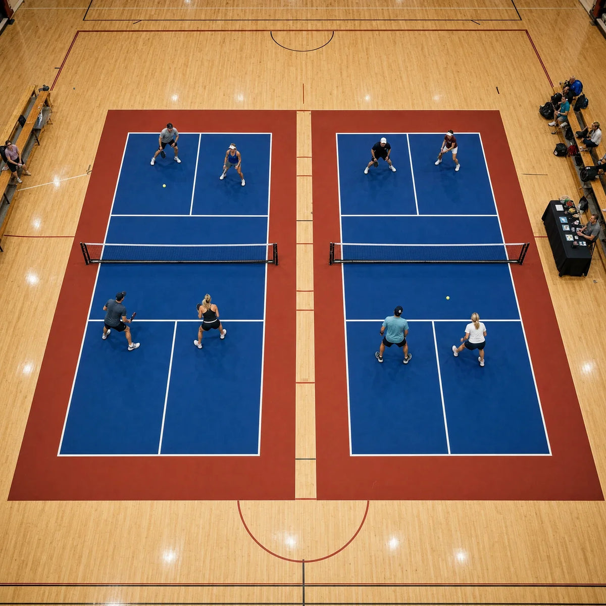 Dos pistas de pickleball portátiles de alquiler montadas en paralelo en un pabellón polideportivo