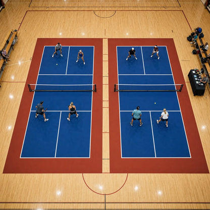 Dos pistas de pickleball portátiles de alquiler montadas en paralelo en un pabellón polideportivo