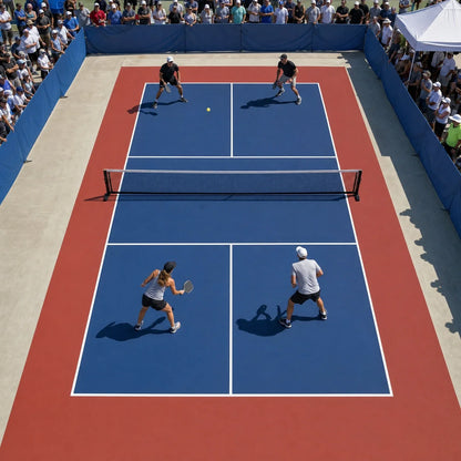 Pista de pickleball portátil de alquiler durante un torneo de fin de semana con vallas y público