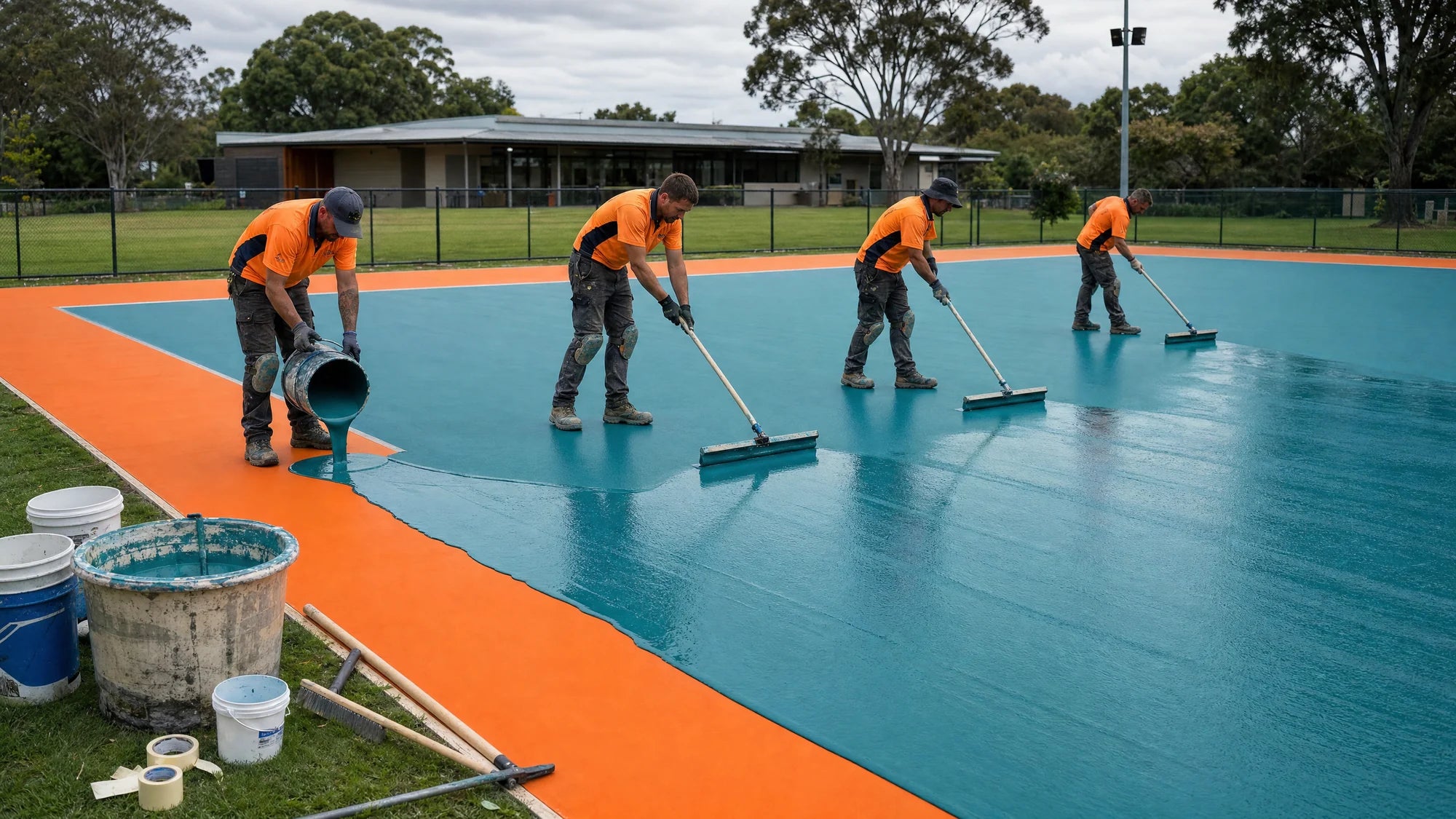 Operarios aplicando resina epoxi sobre la solera de una pista de pickleball en construccion
