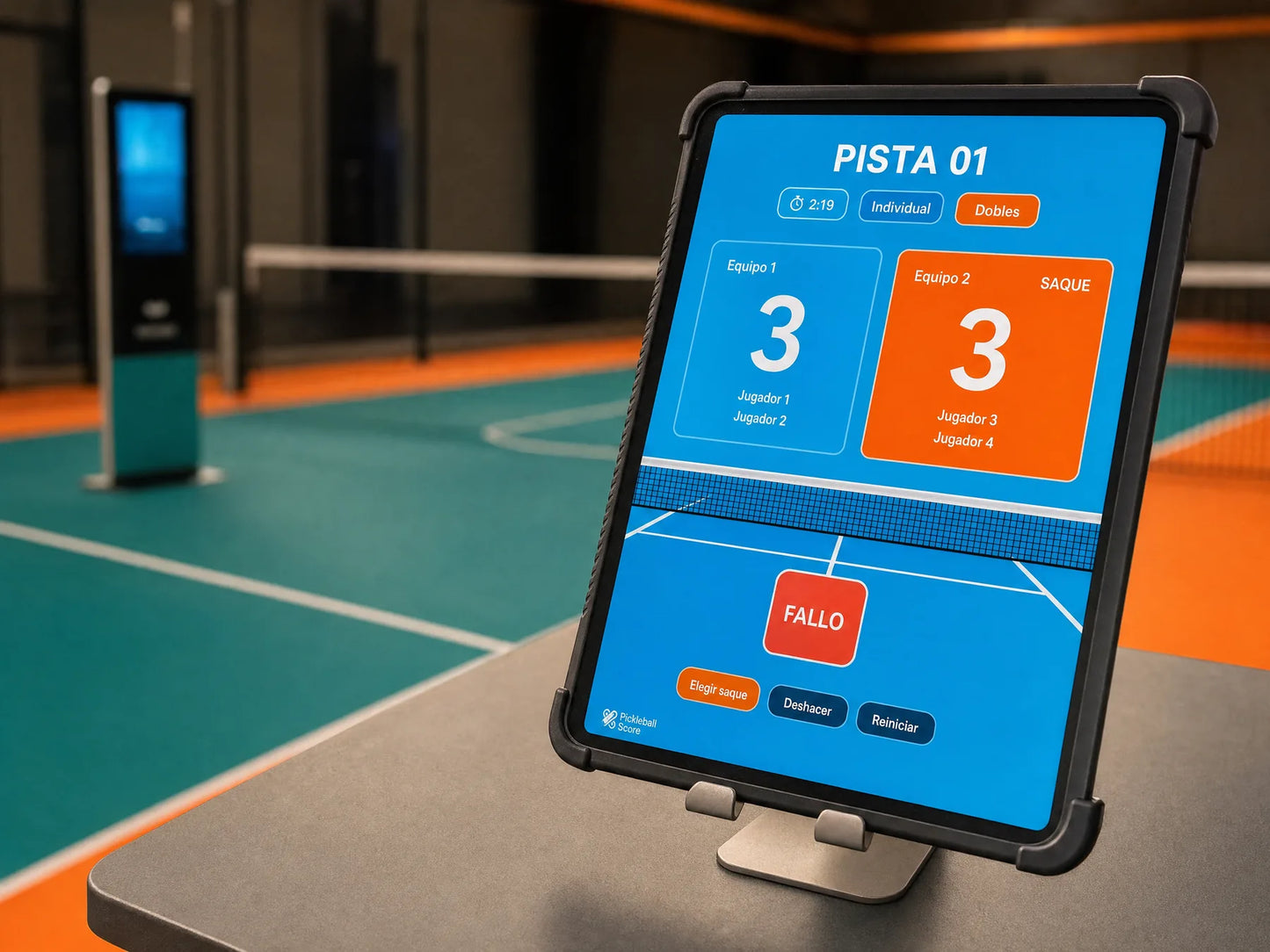 Tablet con la aplicación del marcador de pickleball mostrando la puntuación de la pista 01 y los botones de control