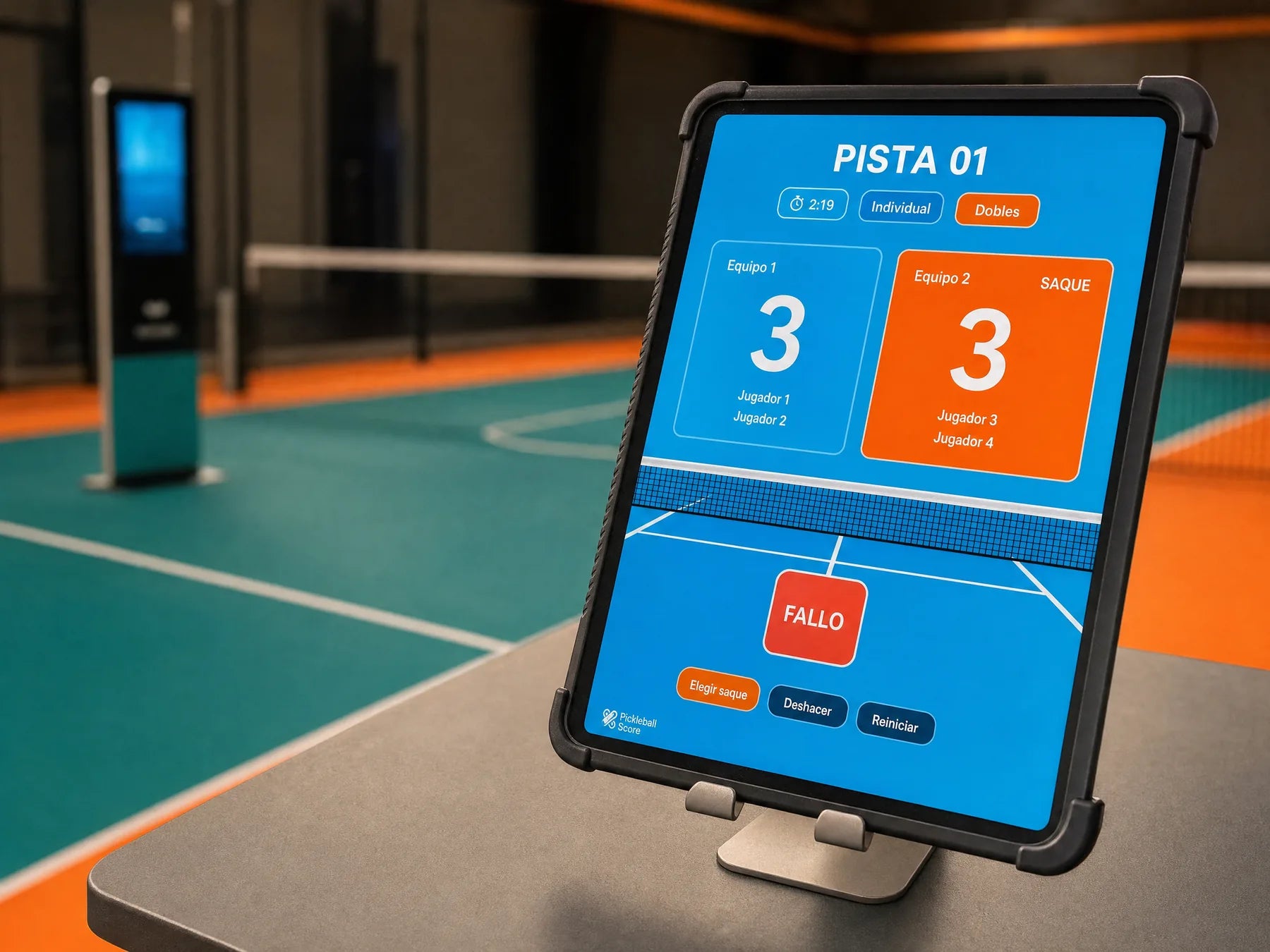 Tablet con la aplicación del marcador de pickleball mostrando la puntuación de la pista 01 y los botones de control