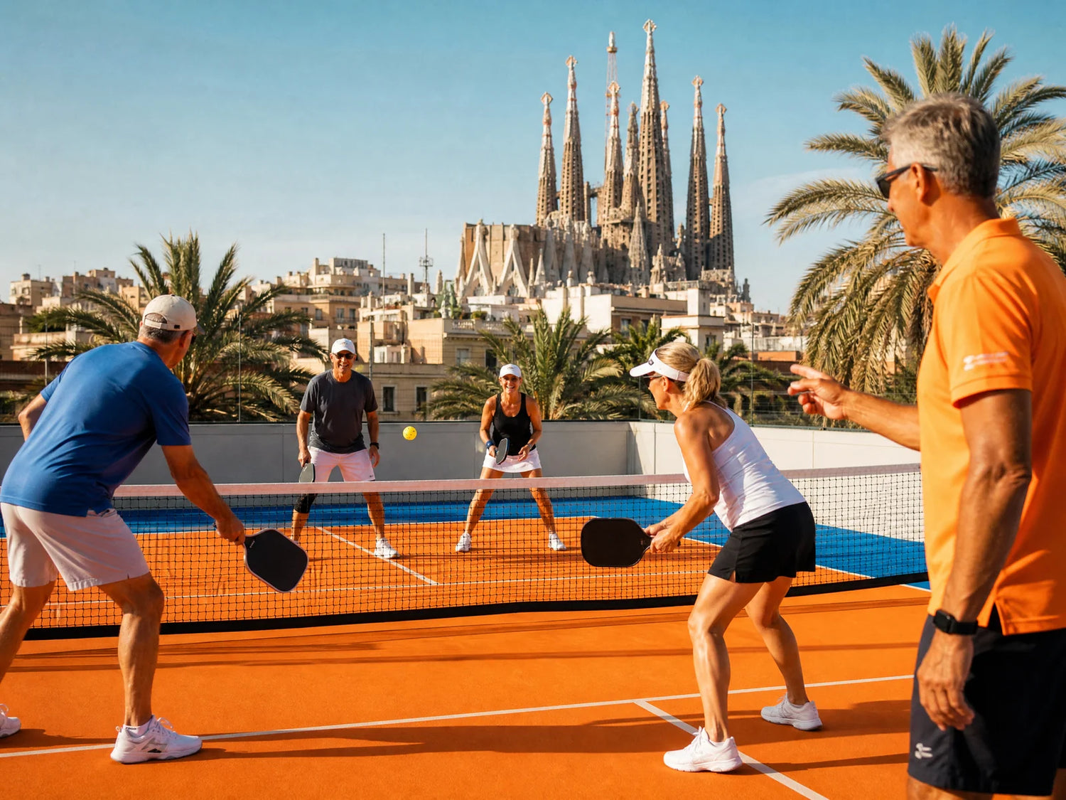 Morning pickleball doubles match in Barcelona with the Sagrada Familia in the background on day 2 of the tour