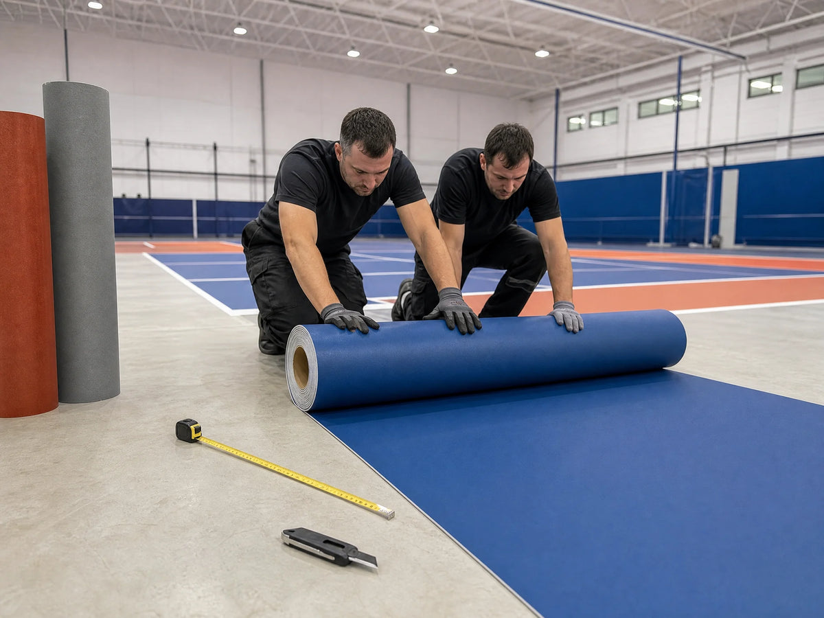 Instalación de una pista de pickleball portátil de PVC en rollos