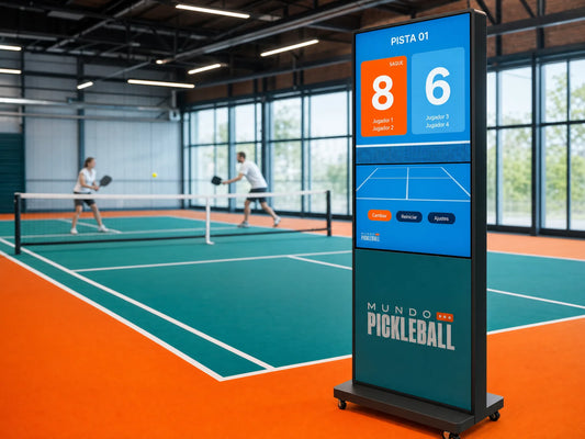 Marcador digital de pickleball en tótem instalado junto a una pista de club con el marcador de la pista 03 en pantalla