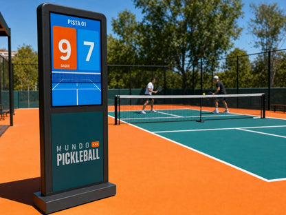 Versión de exterior del marcador de pickleball con batería, legible a pleno sol en una pista al aire libre