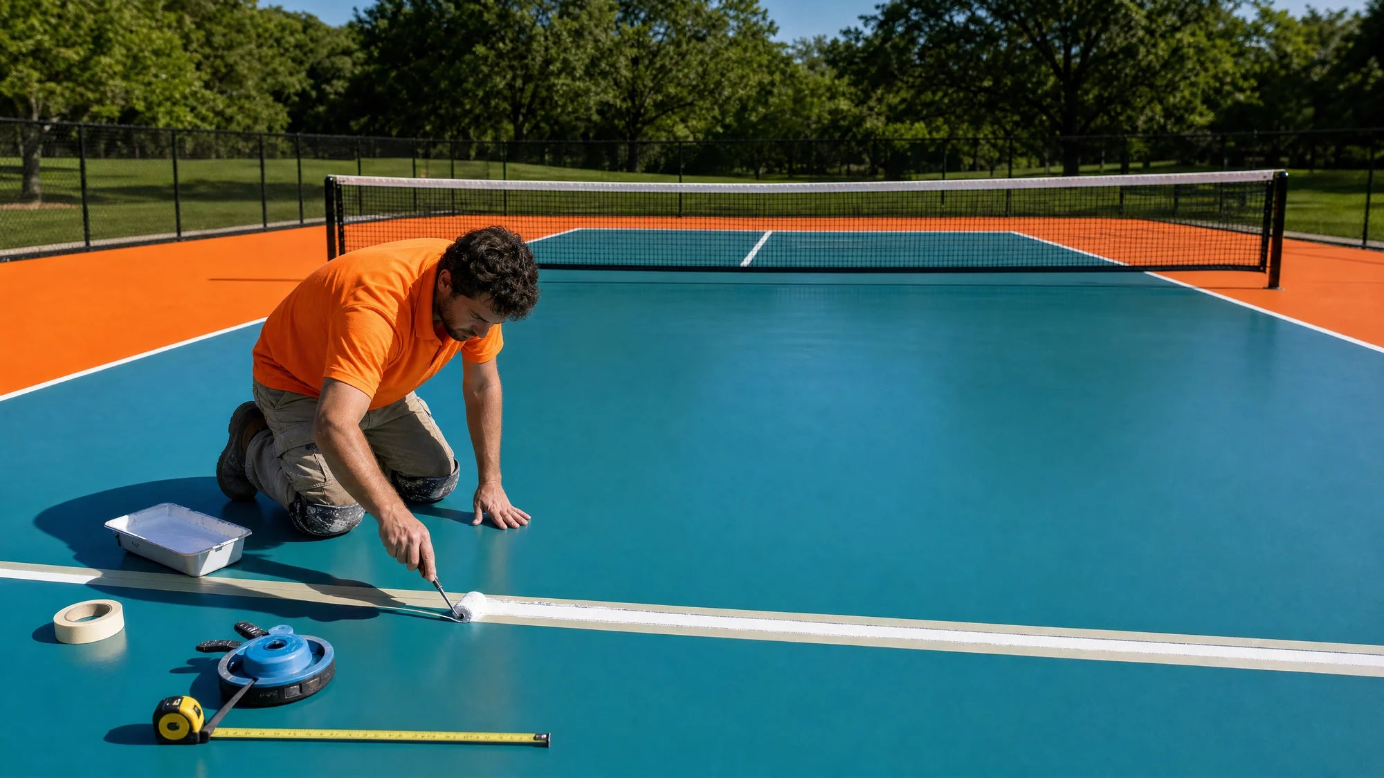 Tecnico marcando la linea de la zona de no volea de una pista de pickleball de resina epoxi