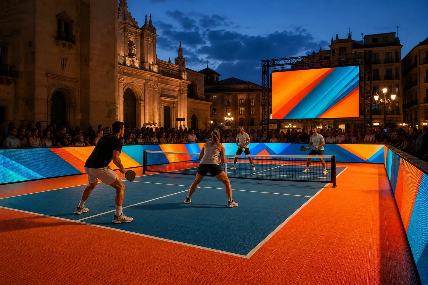 Perimetral de LED y marcador LED en evento nocturno de pickleball en plaza