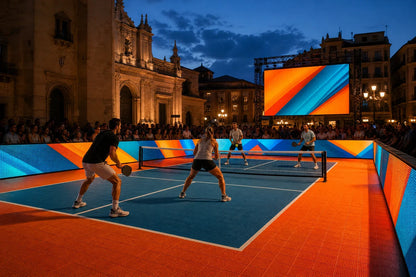 Perimetral de LED y marcador LED en evento nocturno de pickleball en plaza