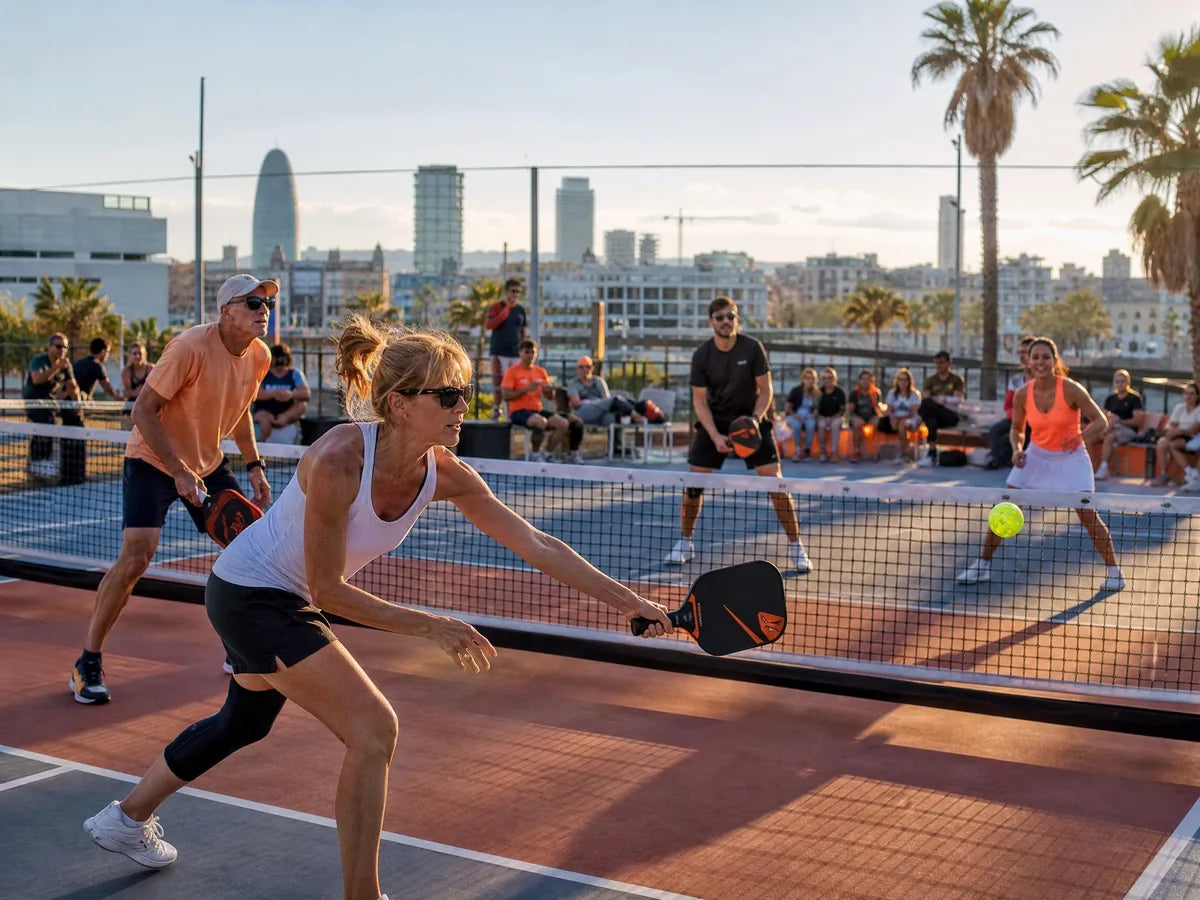 Doubles pickleball match with local players in Barcelona