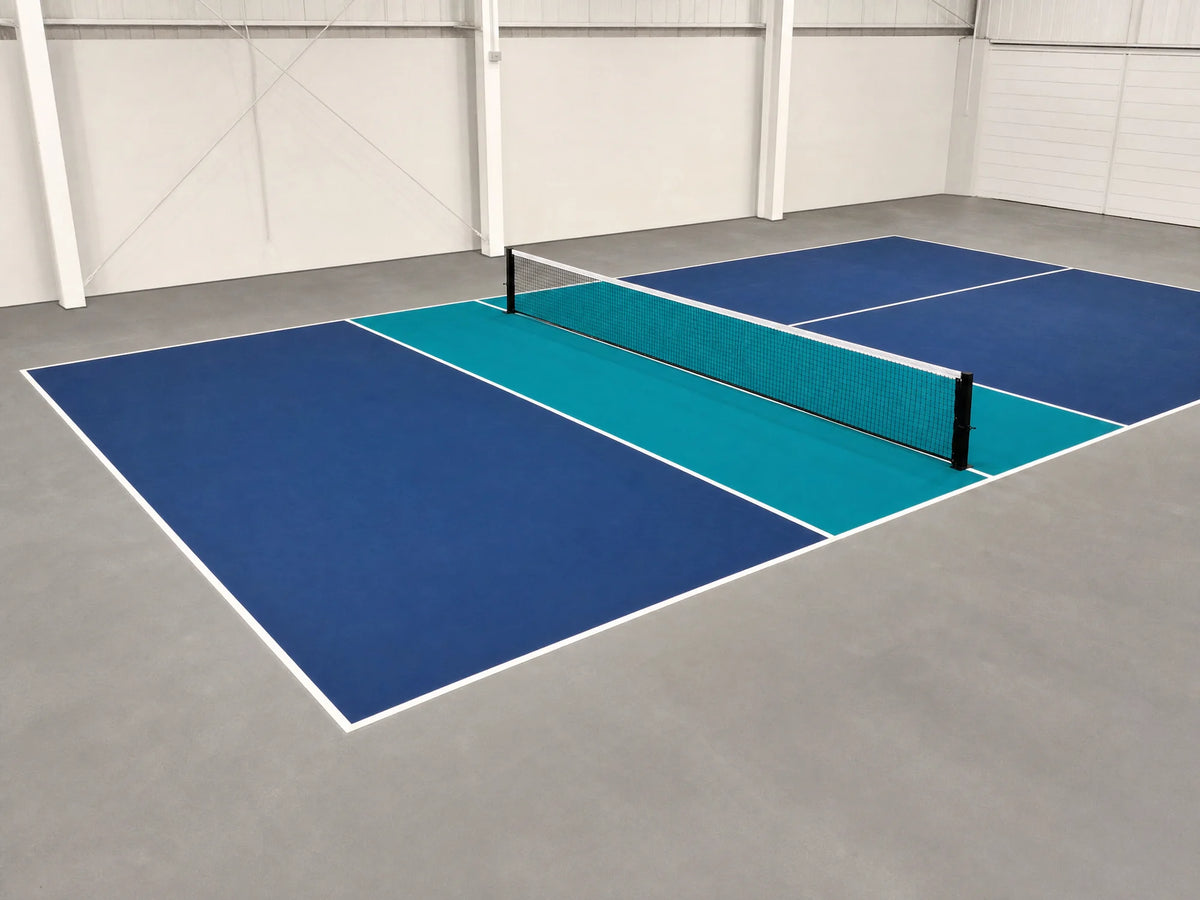 Pista de pickleball portátil turquesa con pasillo gris