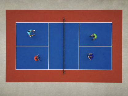Vista cenital de una pista de pickleball portátil azul y roja