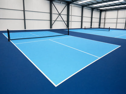 Pista de pickleball portátil con combinación de colores celeste y azul