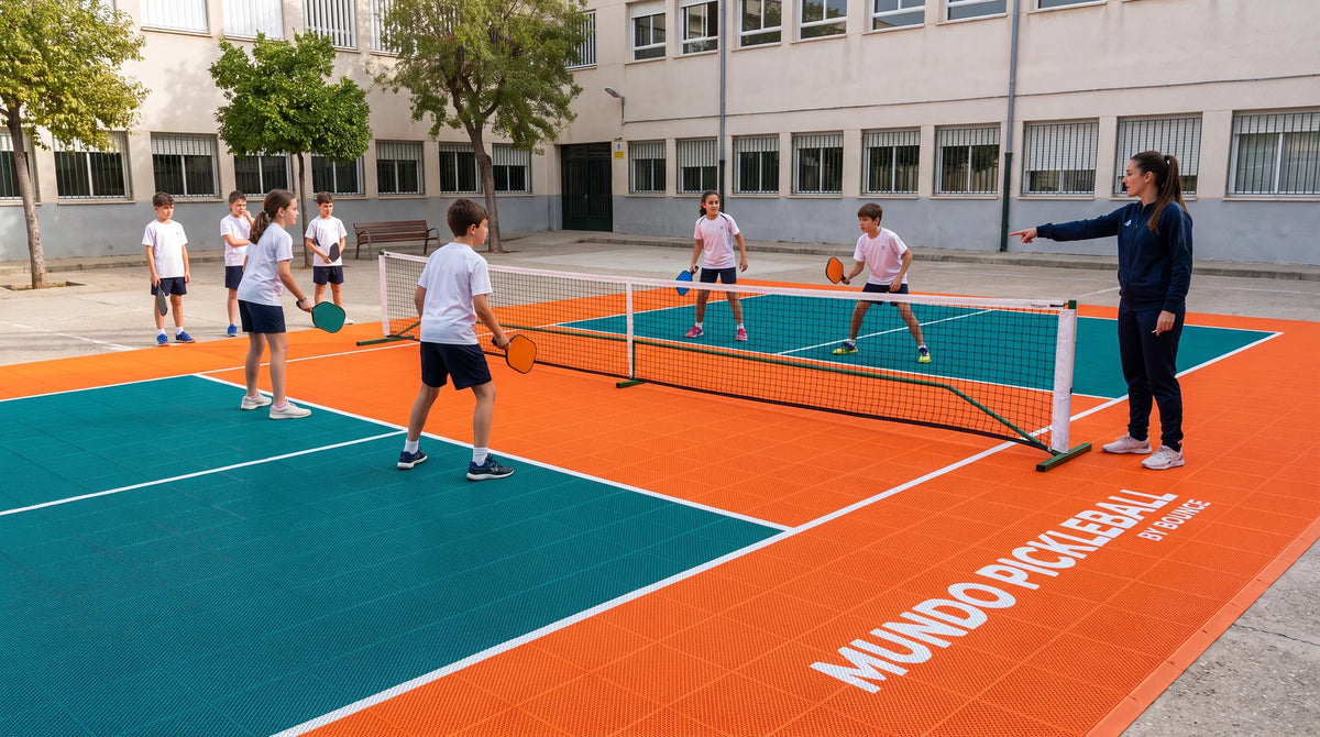 Pista modular de pickleball de losetas instalada en el patio de un colegio