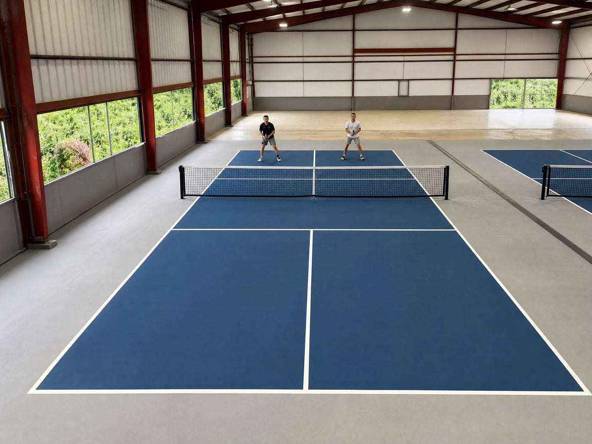 Pista de pickleball portátil de PVC azul y gris instalada en un club