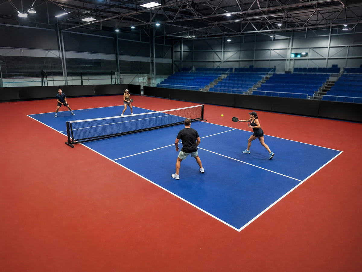 Pista de pickleball portátil de PVC azul y roja ya instalada