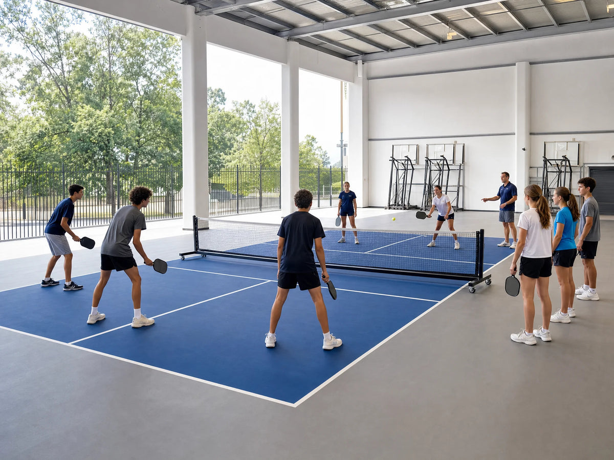Pista de pickleball portátil de PVC instalada para un evento en un colegio