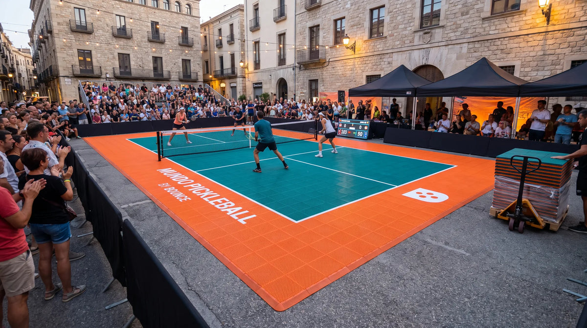 Pista portátil modular de pickleball instalada para un evento o torneo en una plaza