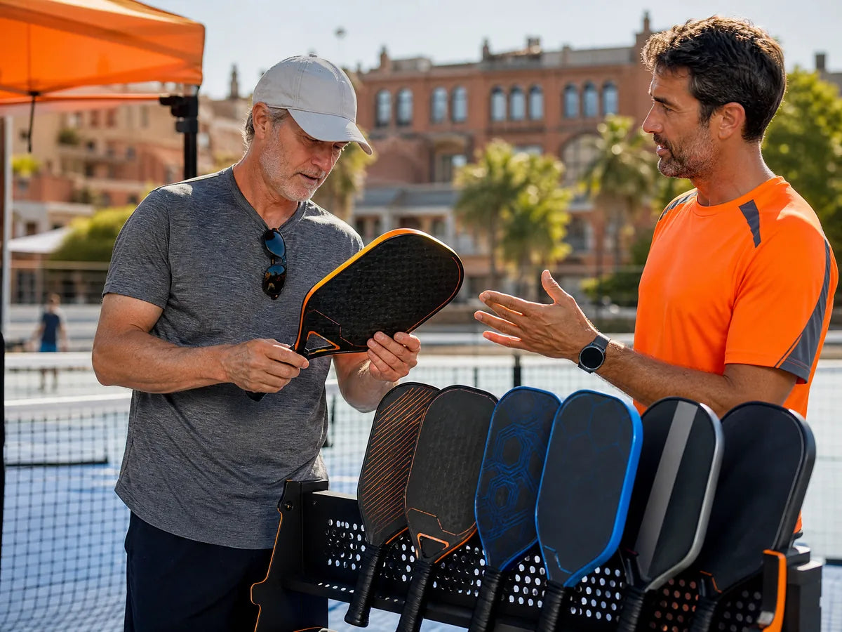 Testing premium pickleball paddles at a demo station in Barcelona