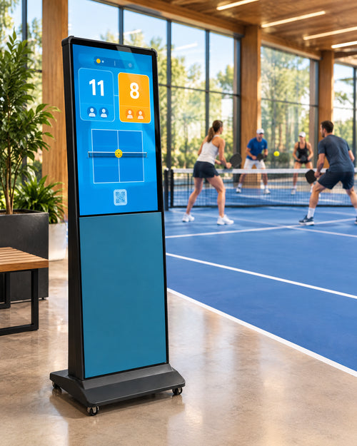 Marcador interactivo Mundo Pickleball junto a una pista en un club moderno